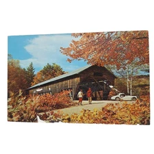 Postcard Old Covered Bridge Classic Car Fall Foliage Chrome Unposted