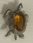 Vintage Sea Turtle Brooch Pin Amber Art Glass Yellow Rhinestone Costume Jewelry
