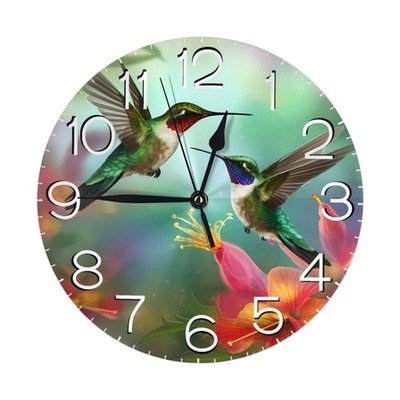 Round Wall Clock Hummingbirds Silent Non-Ticking Decorative Clocks Battery Op...