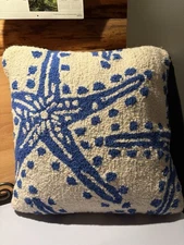 Mudpie Wool Hooked Starfish Pillow 16 Inches Square Blue Velvet Zipper Closure