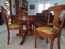 table ronde merisier + deux allonges largeur 50cm avec 4 chaises merisier