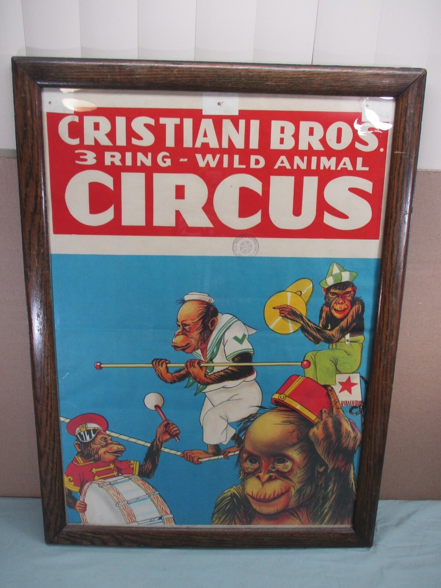 Vintage CRISTIANI BROS. 3 Ring Wild Animal Circus Framed Monkey