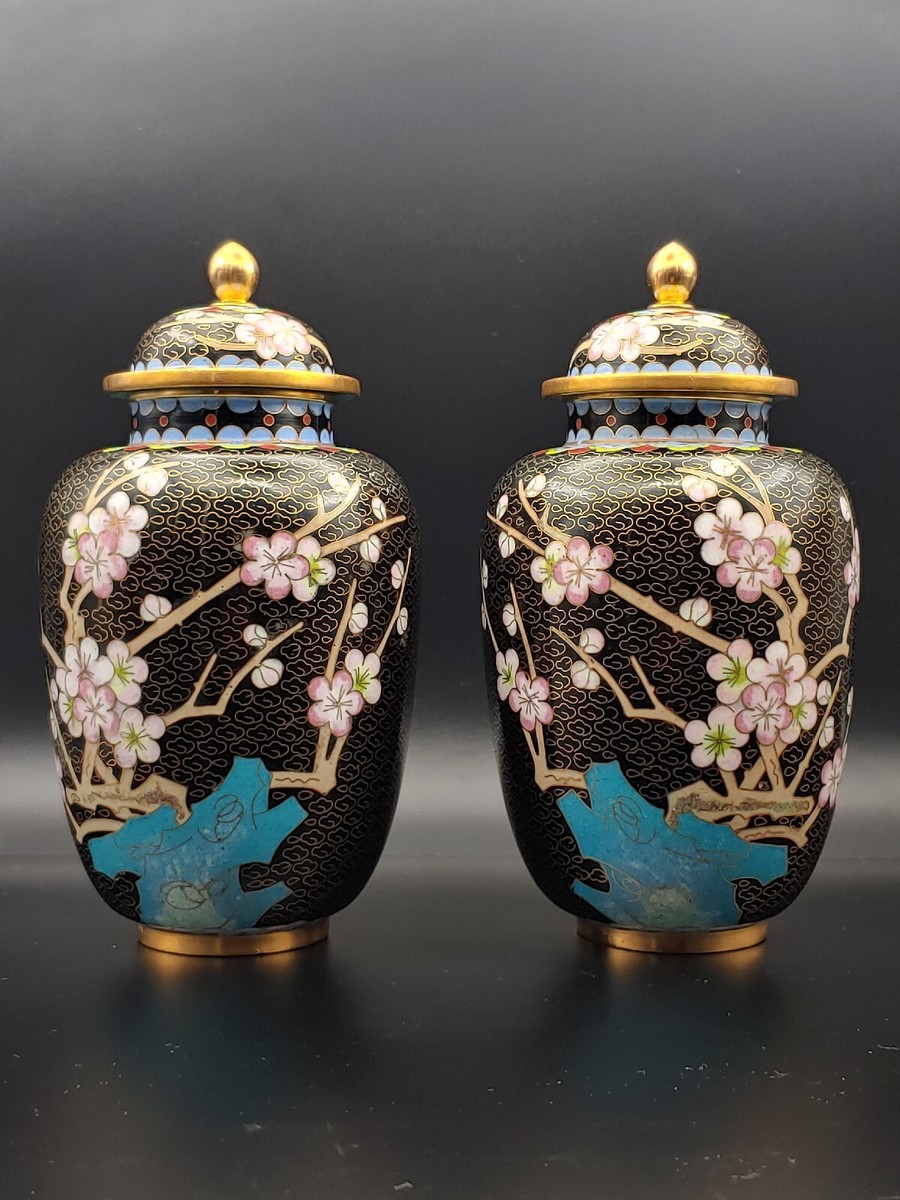 景泰蓝珐琅彩梅花将军罐Pair Vintage Chinese Cloisonne Enamel Plum
