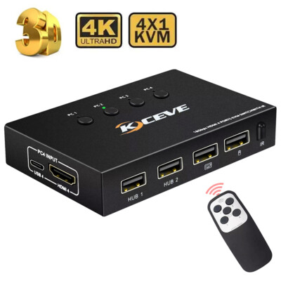 4K HDMI KVM Switch 4 Port USB KVM Switcher 4x1 for PC Sharing Keyboard Mouse NEW