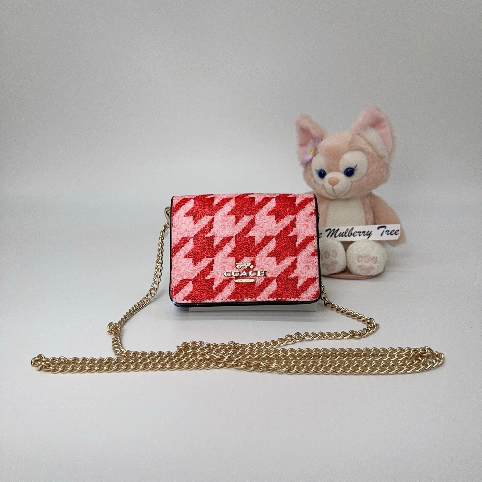 Coach Mini Card Portafoglio Rossetto su Catena con Stampa Pied de Poule CJ679 Rosa Rosso