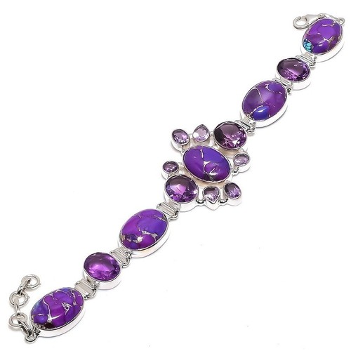 Copper Purple Turquoise Stone 925 Solid Silver Artisan Chain Bracelet Jewelry - Picture 3 of 7