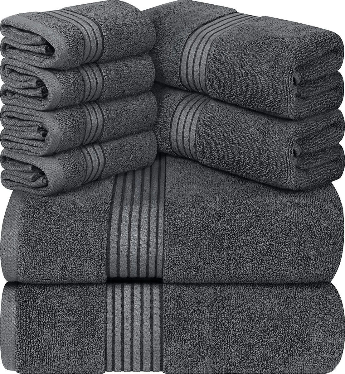 Utopia Towels 8-Piece Luxury Towel Set, 2 Bath Towels, 2 Hand 12" x  12", Grey