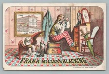 Frank Miller's Blacking ~ Uncle Sam Shaving in Mirror ~ Antique Trade Card~1890s