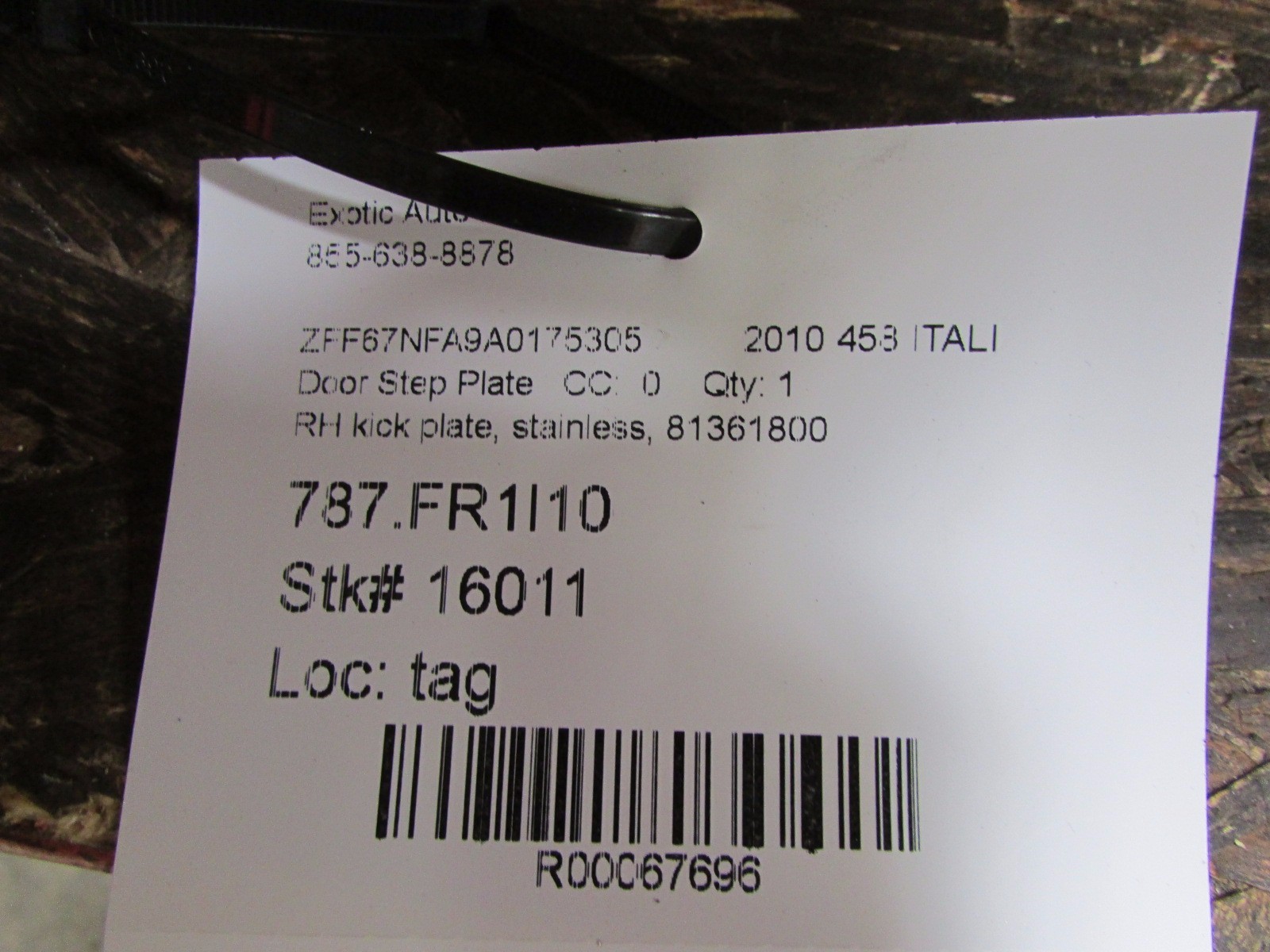 Ferrari 458 Italia, Spider, RH, Right Kick Plate, Stainless, Used, P/N 81361800