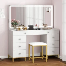 Vanity Desk Set with Large LED Light Mirror 8 Drawers Table with Power Outlet
