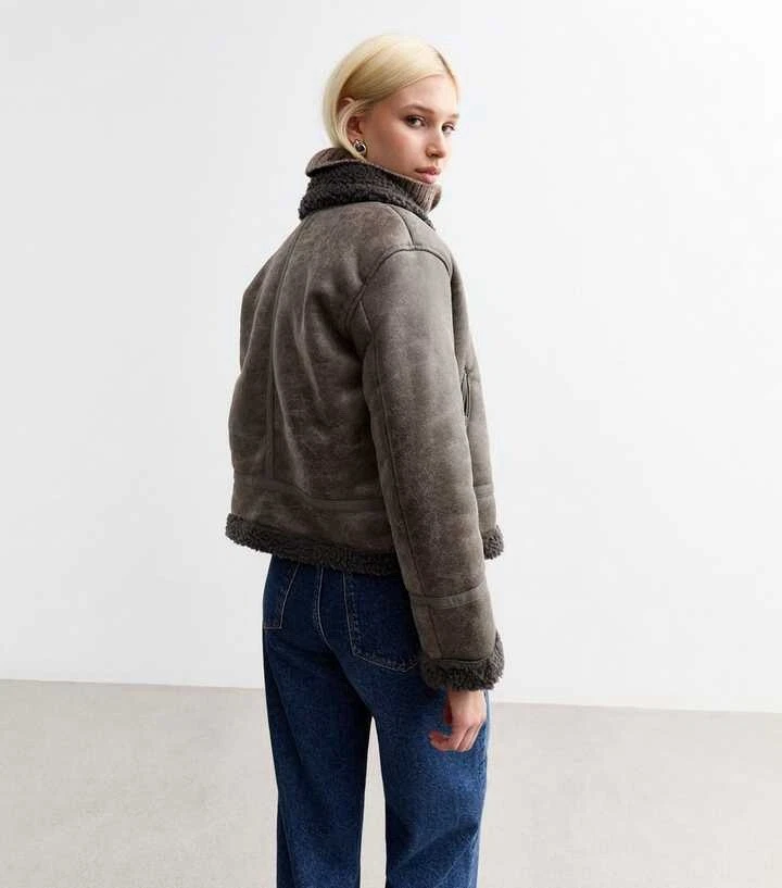 Grey Faux Leather Cropped Aviator Teddy Fur Lined Biker Jacket Coat BNWT RRP £65 - Image 4 of 4