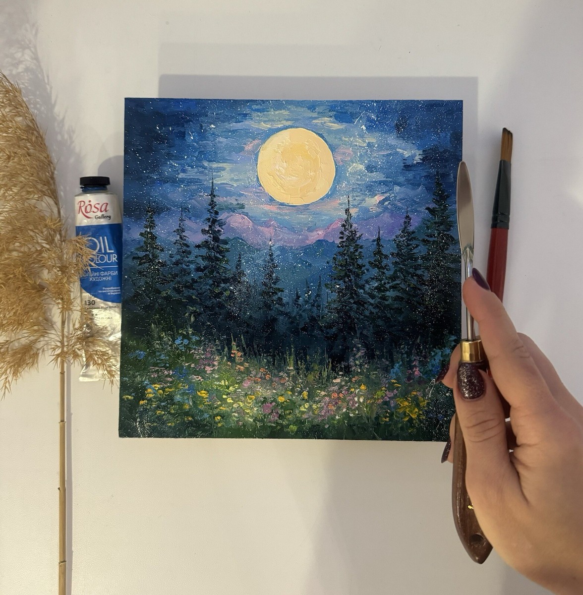 風景画「moonlight」painterTMK本人出品　油絵　月光　一点もの 満月の風景画 松の木 オリジナルアート 夜の森 油絵 月光
