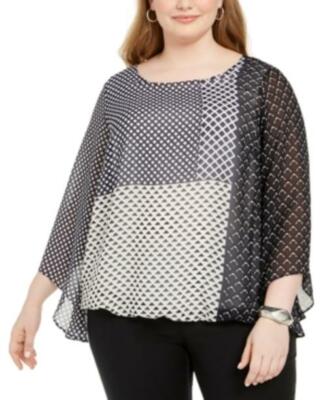 MSRP $76 Alfani Plus Size Printed Angel-Sleeve Bubble Top Navy Size 1X