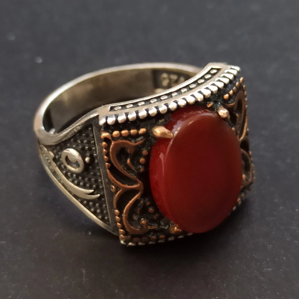 Anillo Para Hombre Art Deco Renacimiento Plata 925 Cornalina Retro Vintage Bizantino 10.5 Foto 2 de 4