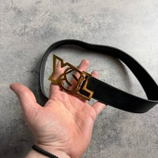 Authentic Yves Saint Laurent belt men big logo YSL leather black 85 cm