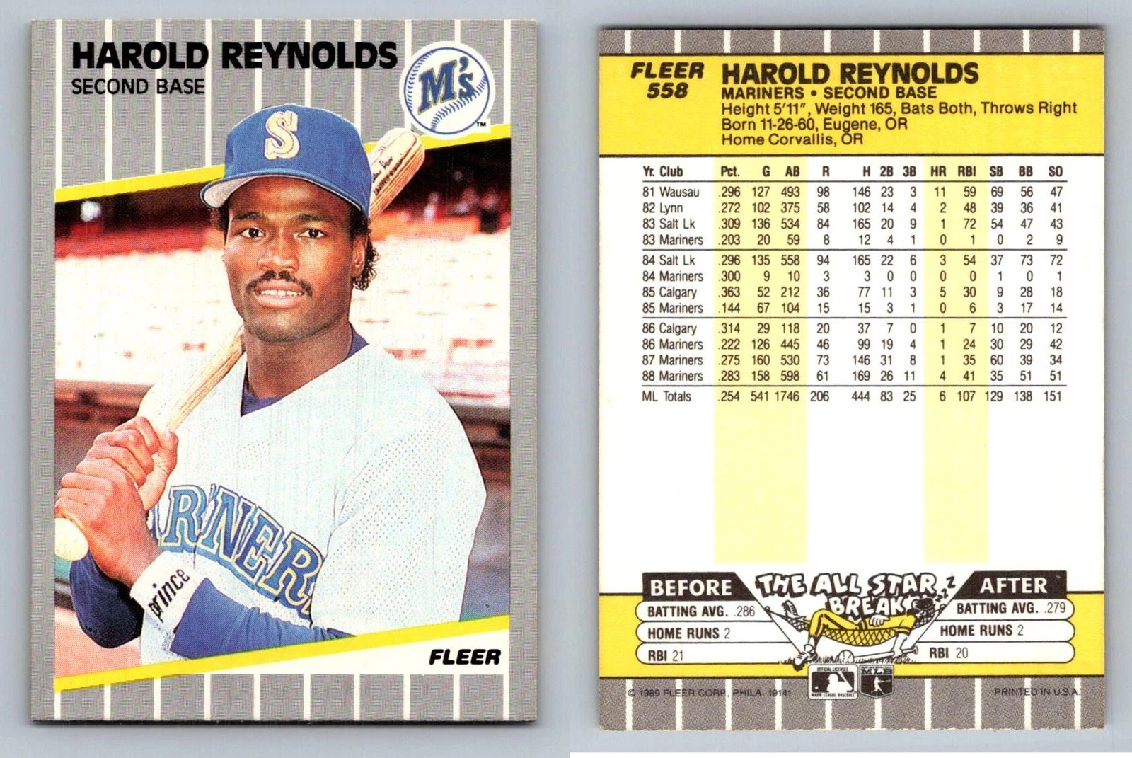 Harold Reynolds Second Base Seattle Mariners Fleer 1989 Card 558