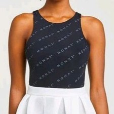 Monat Gear Logo Print High Neck Sleeveless Compression Bodysuit Black Yoga L