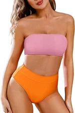 Pink Queen Women's High Waist Bikini Set Removable Strap Bandeau Two Piece Swims