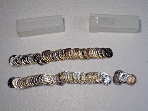 7.15 Oz. (100)90% "BU/GEM Proof" Roosevelt Dimes-2 Rolls/Tubes-Var.Dates PRE'65