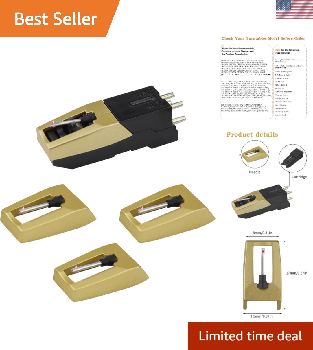 Diamond Stylus Cartridge with 3 Replacement Needles for Record Player-image