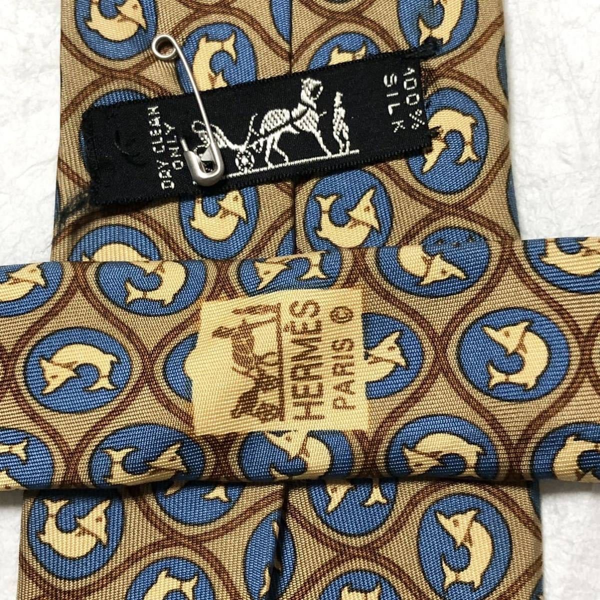 HERMES tie checkered pattern fish pattern silk be… - image 6