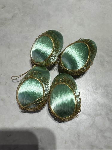 4 Pc Handmade Push Pin Green Egg Shaped Satin Christmas Ornaments Vintage B17