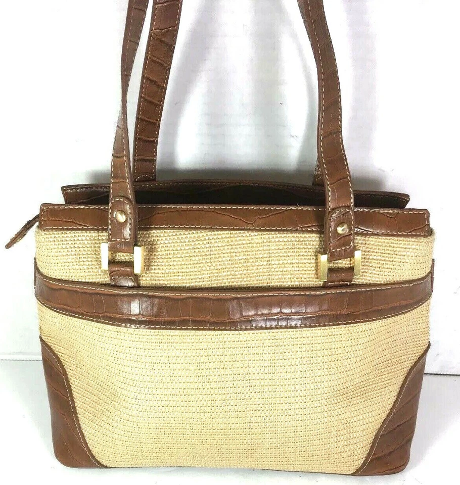 Bolsa de ombro Etienne Aigner lona marrom falsa estampa de réptil couro satchel - Imagem 2 de 4