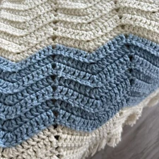 Vintage Handmade 61x51 Crochet Throw Lap Handmade Blanket Chevron Blue White