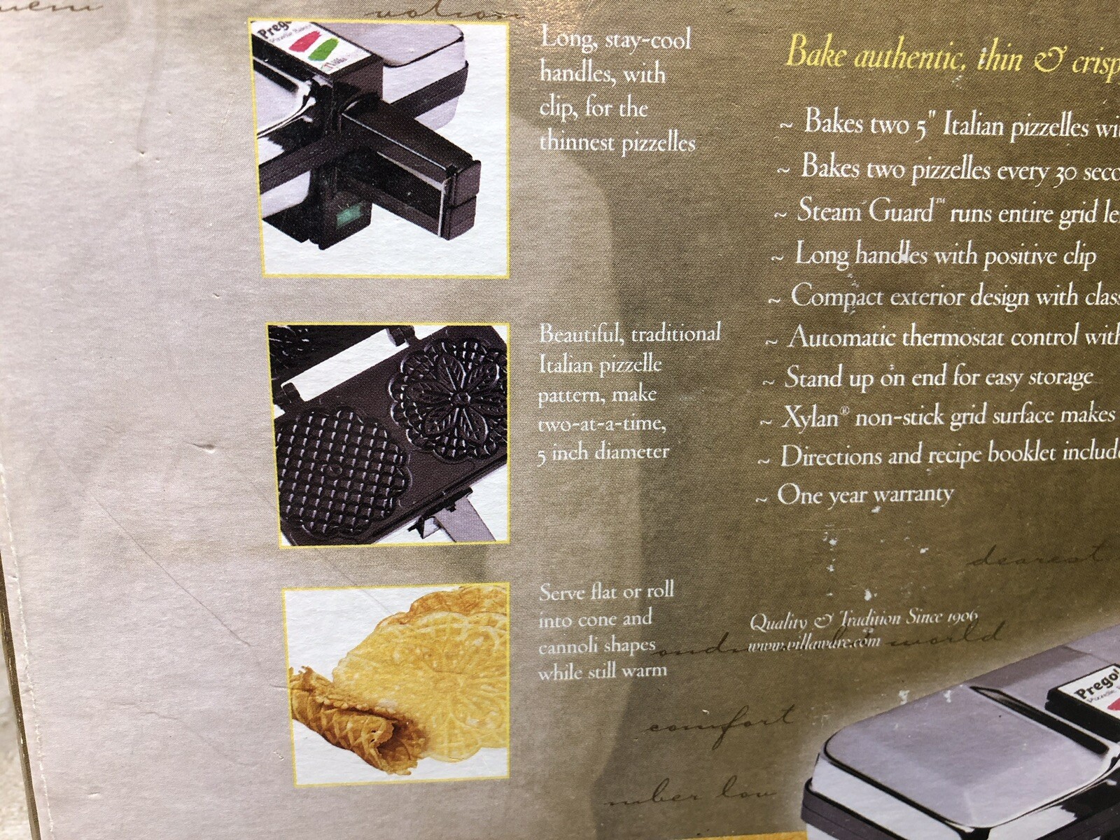 New VillaWare Prego Pizzelle Baker Series II 3600NS Non Stick