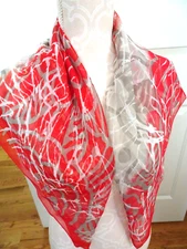 Vintage Silky Polyester Scarf Head Wrap Red/Gray-31" Square-Abstract/Geometric