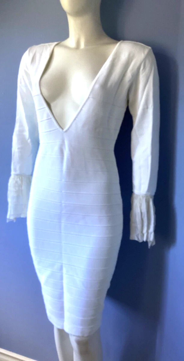 VINTAGE HERVE LEGER WHITE LONG SLEEVE BANDAGE BODYCON DRESS SIZE