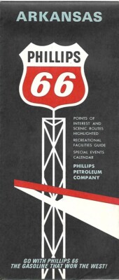 1966 PHILLIPS 66 Road Map ARKANSAS Ozark Mountain Region Little Rock Hot Springs