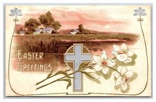 Easter Greetings Foiled Cross Farm Pasture Landscape Flowers DB Postcard R26