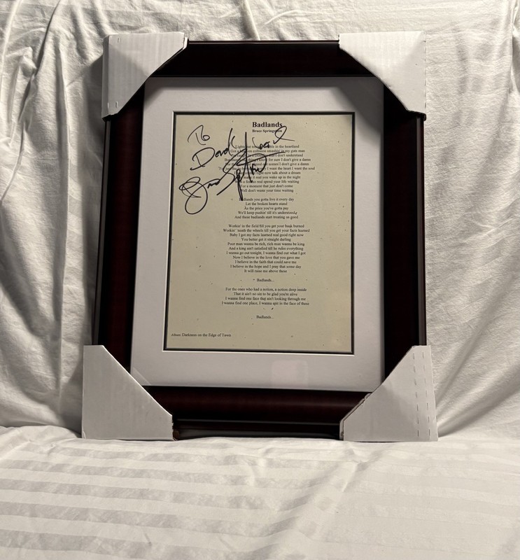 Autographed Bruce Springsteen “Badlands” Lyric Sheet Framed Music Memorabilia