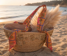 Straw Woven Tote Bag Beige Bow Applique Beaded Lined Magnetic 40x20x14cm