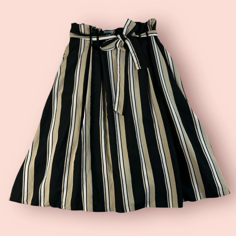 Antonio Melani Negro Rayas Bolsa de Papel Falda Midi Reunida Talla 14 Corbata Cinturón con Lazo Foto 2 de 4