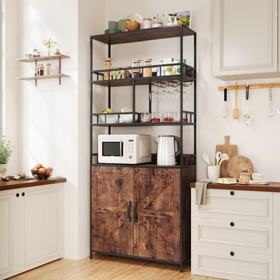 Baker Rack w/Storage Cabinet Microwave Stand ,Tall Coffee Bar with Glass Holder