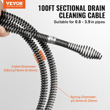 100FT Drain Cleaning Cable 5/8", 7 Cutters, for 0.8"-3.9" Pipes, Sink/Toilet Use