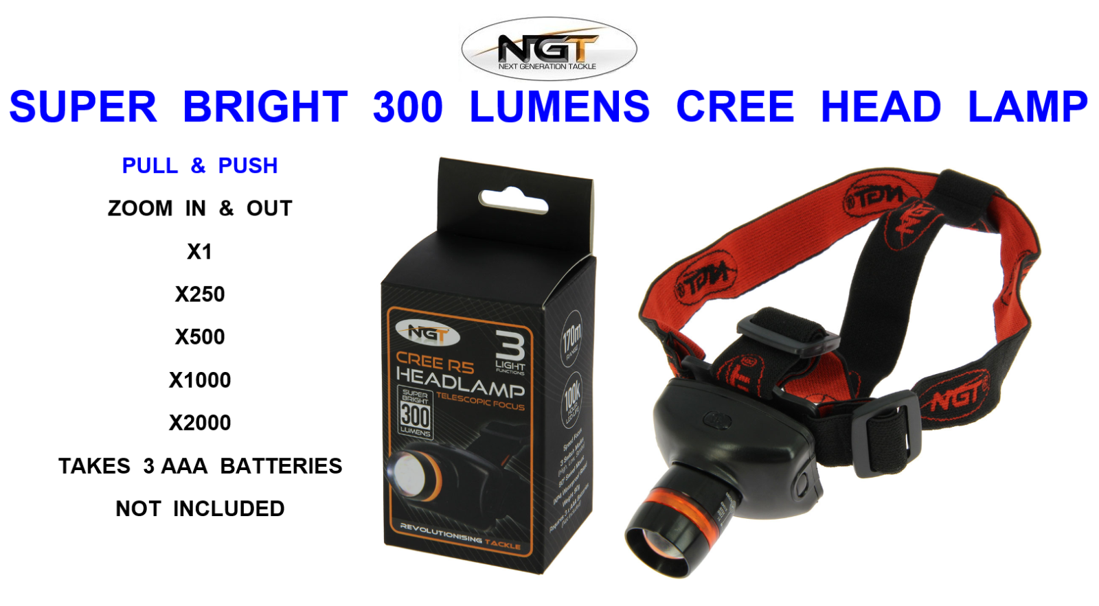 NGT R5 SUPER BRIGHT 300 LUMENS CREE HEAD LIGHT HEAD LAMP TORCH FISHING CAMPING