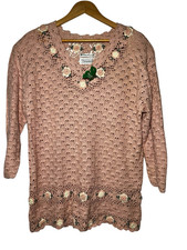 Shenanigans Sweater Womens Medium Crochet Floral Knit Handmade Cottage Core