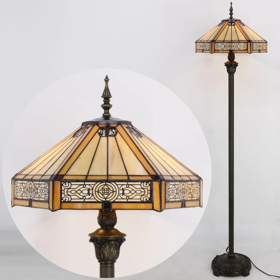 Tiffany Floor Lamp Yellow Hexagon Stained Glass Mission Standing Reading Ligh... - Image 4 of 4