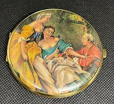 Vintage Rococo-Style Painting on a Compact Mirror Gold Tone Trim~W. Germany