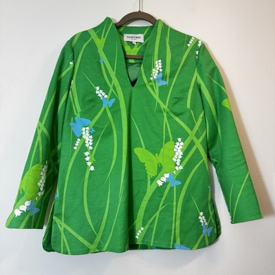 Elizabeth McKay Women s Popover Preppy V-Neck Blouse Size 10 Green 3/4 Sleeves