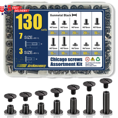 130 Sets Gunmetal Black Chicago Screws Leather Rivets Kit, 7 Sizes (M5*4,5,6,8,1