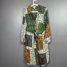 Nine West Shirt Mixed Print Dress Large Button Front Knot Tie Snake Color block