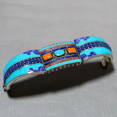 Manchette Tibétaine Turquoise Corail Lapis Lazuli Népalais Vintage Nepali Jew... - Photo 1/4