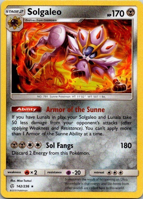 Solgaleo 142/236 Rare Holo Pokemon Sun & Moon Cosmic Eclipse 2019 NM