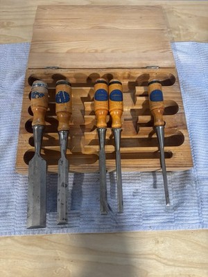 Erik Anton Berg Bevel Edge Chisel Set 5pcs Steel Wood Handles Eskilstuna Sweden