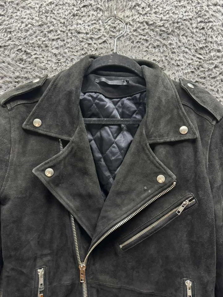 Chaqueta de Motociclista Negra Para Hombre Negra Dnm Clásica Gamuza Cuero Acolchada Cremallera Completa Cremallera Foto 3 de 4