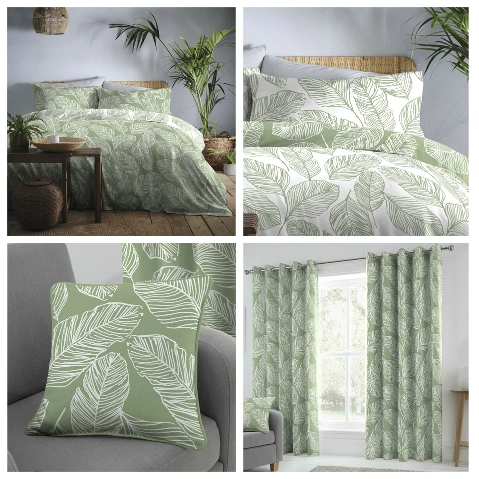 Matteo Palm Leaf Green Reversible Duvet Cover Sets Matching Curtains OR Cushions